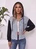 Chaqueta con Capucha de Retazos de Mezclilla Azul Claro para Mujer, Chaqueta de Botones Sencillos con Cordón y Flecos, Estilo con Capucha y Cordón