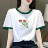 Camiseta de Manga Curta Moda Mãe para Mulheres, Comércio Exterior Transfronteiriço, Novo Estilo de Verão, Tamanho Petite, Ombro Normal, Color Blocking, Blusa Solta