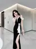 Elegante Vestido Largo de Tirantes Finos con Mangas Volantes Estilo Socialité Vestido para Ser Anfitriona en Fiesta Nocturna Bodycon Ajustado al Cuerpo Vestido con Abertura para Mujer