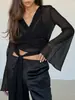 Cárdigan Transparente Semi-Transparente de Punto con Cuello en V Transfronterizo 2026 Nuevo Estilo de Verano para Mujer con Mangas de Campana y Cinta, Blusa Elegante de Alta Gama de Color Sólido