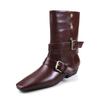 Atmosfera Francesa Fivela de Cinto Botão de Couro de Vaca Botas Chelsea Outono e Inverno 2025 Salto Médio Grosso Cano Largo Couro Genuíno Botas Curtas para Mulheres