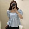 Camisa negra de manga corta con hombros descubiertos y mangas abullonadas para mujer, nueva, con diseño de Corea del Sur de verano