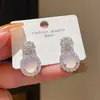 Pendientes Redondos Ovalados de Zircón y Calcedonia de Plata Aguja Franceses de Lujo Ligero de Gama Alta Retro Exquisitos de Moda de Nicho