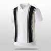 Camisa Polo de Tricô Manga Curta Jacquard com Listra Contrastante Estilo Old Money Italiano para Homens, Gola Respirável de Seda Gelada