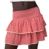Estoque Disponível Saia Curta Plissada Xadrez Casual Feminina Estilo Europeu e Americano com Cintura Alta e Acabamento em Renda