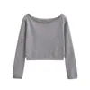 Atacado de Roupas Femininas Transfronteiriças Estilo Europeu e Americano Manga Longa Gola Única Cor Lisa Slim Versátil Camiseta Pulôver de Tricô Outono