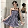 Vestido Xadrez Doce e Apimentado para Mulheres, Verão Cintura Alta Moda Design Elegante Tendência Saia Curta A-Line de Duas Vias