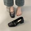 Zapatos de Tacón Alto Retro de Punta Cuadrada, Zapatos Planos de Boca Baja para Mujer, Nuevo Estilo de Primavera y Otoño, Estilo Francés, Estilo de Noche, Tacón Grueso, Zapatos de Cuero Pequeños Mary Jane
