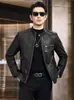 Nueva chaqueta casual de cuero genuino Haining para otoño e invierno, estilo de negocios ligero, cuello alto, chaqueta corta de motociclista para hombre