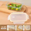 Lonchera de vidrio con tapa transparente para trabajadores de oficina, compatible con calentamiento en microondas, caja bento con compartimentos