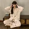 Pijama de Mujer para Otoño e Invierno Cardigan de Imitación Algodón Manga Larga Pantalón Largo Conjunto Ropa de Casa Sencilla Se Puede Usar Afuera con Copas Integradas