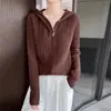 Cardigan de Tricô com Capuz de Lã Pura Outono/Inverno 2026 Manga Longa Zíper Duplo Torcido Cor Sólida Suéter de Lã Top