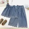 Estilo Verão 2026 Meninas Estilo Coreano Jeans Cor Sólida Bordado Bebê Casual Fofo Jeans Lavado Conjunto de Duas Peças 17895