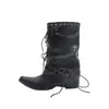 Botines nuevos de 2026, modelo negro, de punta, a media pantorrilla, con tacón de bloque, para mujer, con cordones, adelgazantes, con remaches y caña plisada, botas ajustadas para mujer