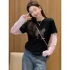 Camiseta de Manga Larga con Estampado, Cuello Redondo, Estilo Cepillado, Falso Dos Piezas, Nueva Colección Primavera 2026 para Mujer, Elegante y Versátil, Top Holgado que Rejuvenece