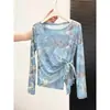 7336 # Camiseta Protetora Solar de Manga Longa Tie-Dye Gradiente Azul com Amarração Lateral para Afinar a Cintura Feminina, Nova Camisa de Ar Condicionado Primavera/Verão, Top Casual
