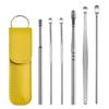 Set de 6 piezas de cuchara para limpiar oídos de cuero, portátil, de acero inoxidable, herramienta espiral para limpiar oídos con llavero