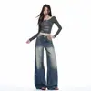 Colección de otoño 2026 transfronteriza: Retro americano, pantalones vaqueros con lavado desgastado, corte holgado, versátiles, largos hasta el suelo y estilo relajado de pierna ancha