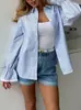Camisa de Rayas Finas Estilo Europeo y Americano para Mujer, Blusa de Encaje de Alta Gama con Mangas Largas Acampanadas, Ropa para Mujer de Comercio Exterior Transfronterizo