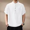 Camisa retrô de manga curta estilo japonês com costura aparente e bolsos para homem, novo modelo de verão, confortável, respirável, cor sólida, simples e casual
