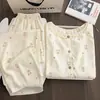 Novo Pijama de Outono com Manga Longa e Calça Longa para Mulheres, Cardigã Casual de Renda, Roupas de Casa Confortáveis de Algodão Nuvem
