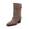 Botas de media pantorrilla para mujer con hebilla estilo coreano, nuevo modelo de otoño, gamuza de vaca, color liso, puntera cuadrada pequeña, tacón alto grueso