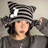 Sombrero de orejas de gato estilo Yabi para mujer otoño e invierno y2g sombrero de punto a rayas estilo coreano lindo cálido de lana