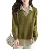 Camisa Tricotada de Manga Comprida de Duas Peças Falsas para Mulheres, Outono 2025 Novo Estilo, Suéter Interno Solto, Camisa Externa com Lapela