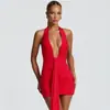 Comercio Exterior Ropa Europea y Americana para Mujer Primavera y Verano Nueva Moda Estampado de Leopardo Cuello en V Profundo Espalda Descubierta Cuello Halter Sexy Ajustado al Cuerpo Vestido