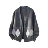 Cardigan suéter Hanlu japonês retrô com padrão de losangos e decote V para homens, estilo outono e inverno, jaqueta de tricô solta e casual