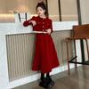 Conjunto saia estilo Chanel para menina outono e inverno crianças médias e grandes espessado moderno moderno vermelho Roupas de Ano Novo Roupas de Ano Novo