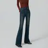 Calça jeans flare azul retrô americana para mulheres, nova, cintura alta, modeladora, levanta bumbum, bolso com botão, flare, comprimento total