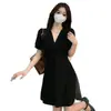Vestido de cuello en V para mujer, nuevo estilo coreano de verano, vestido elegante y con clase, talla grande, que disimula la barriga, vestido largo de línea A adelgazante
