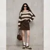 Suéter de punto muy elegante para mujer, color café con rayas, cuello redondo, manga larga, perfecto para otoño, único y hermoso, prenda exterior holgada para figuras petite.