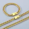 Cadena de látigo de caballo estilo hip-hop, cadena tejida doble con botones de patrón de engranaje cuadrado, juego de pulsera y collar de acero inoxidable