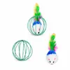 Juguete para gato: ratón de peluche pequeño en una jaula, plumero de plumas de colores para gatos, ratón de plumas juguete para gatos, caña con plumas para gatos