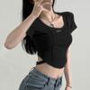 Camiseta de manga corta para mujer, estilo americano, retro, de espina de pescado, irregular, sexy, ajustada, corta, con el ombligo al descubierto, de moda.
