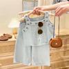 Nuevos Trajes de Verano para Niñas 2025 Moda Popular de Celebridades de Internet Chaleco Delgado de Mezclilla Pantalones de Pierna Ancha Conjunto de Dos Piezas