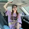 Camiseta de Algodón Puro Estilo Coreano Estampado de Letras de Longitud Media para Mujer Verano Venta Caliente Bloque de Color Graffiti Holgada Adelgazante Cubre Vientre Top
