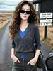 Suéter de punto largo de manga larga tipo cárdigan falso de dos piezas, diseño único, abrigo suéter delgado de cuello en V para mujer, atuendo de otoño