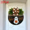 Colgador de Puerta de Madera Estilo Country Americano para Halloween Lazo a Cuadros Plantas Verdes Fantasma Calabaza Decoración Placa de Bienvenida para Puerta