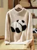 Novo Suéter de Malha Grossa com Gola Alta Parcial Sete Fios 100% Lã Outono/Inverno 2025 com Jacquard de Panda para Meninos e Meninas