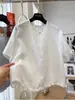 Tiro No Real 2026 Verano Nueva Camisa de Algodón y Lino de Cuello Redondo y Manga Corta con un Toque Elegante, Top Corto