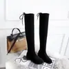 Botas longas de camurça com bico redondo para outono e inverno, transfronteiriças para mulheres, salto médio leve, plus size, versáteis, sola de borracha antiderrapante, botas elásticas acima do joelho para mulheres