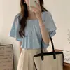 Camisa corta chic coreana elástica fruncida de cuello cuadrado, corte holgado, con mangas de campana grandes