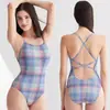 Traje de banho feminino de peça única triangular xadrez pequeno da moda, para corrida profissional, conservador, secagem rápida, justo, roupa de banho feminina para treinamento esportivo