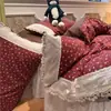 Juego de falda de cama de cuatro piezas con volantes de encaje vintage estilo francés, algodón puro lavado ultrasuave, juego de tres piezas para dormitorios de estudiantes