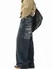 Jeans de Pierna Ancha con Estampado de Letras Lavado Americano Desgastado Unisex Sueltos Versátiles Pantalones Rectos Retro de Calle
