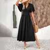Vestido Europeu e Americano Customizado Transfronteiriço para Mulheres com Mangas Bufantes, Fenda, Cintura Elástica, Cor Sólida, Longo para Verão