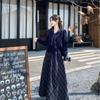 Traje Talla Extra para Mujer 2025 Otoño Estilo Coreano con Cordones Cuadros de Punto de Manga Larga Falda de Tirantes Cuadros Elegante Conjunto de Dos Piezas